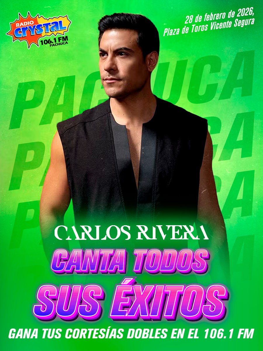 🎤✨ ¡Tenemos cortesías dobles! ✨🎤

Vive una noche inolvidable con Carlos Rivera este 28 de febrero de 2026 en la Plaza de Toros Vicente Segura.
📻 Escúchanos en Radio Crystal Pachuca 106.1 FM y participa 💙🎶

#RadioCrystalPachuca #CarlosRivera #CortesíasDobles 🎟️🔥
