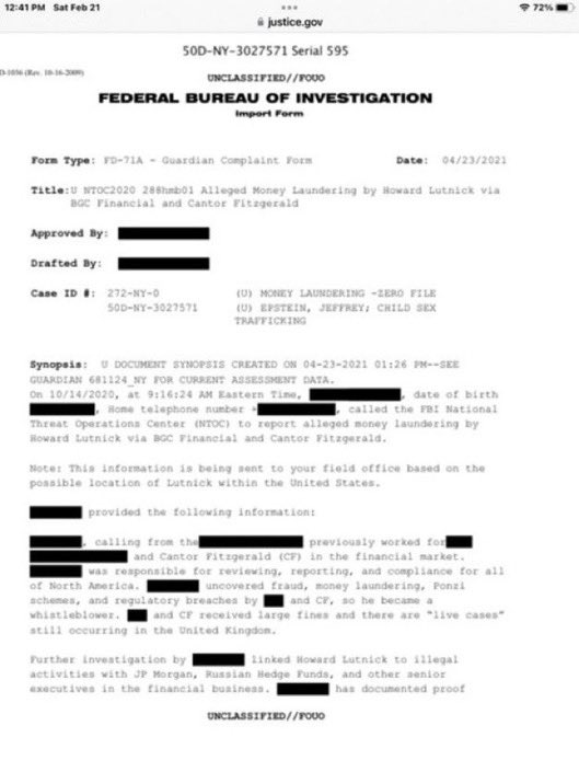 ⛔️Here’s an FBI report on him from 2021 ‼️

"Investigation linked Howard Lutnick to illegal activities with JP Morgan, Russian hedgefunds, and other senior executives..‼️

⛔️Documented proof"
⛔️Arrest and investigate ‼️
