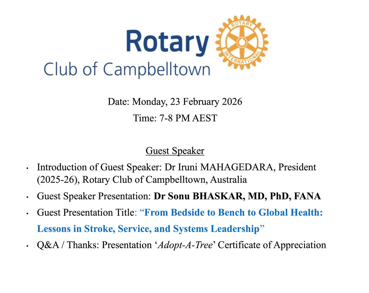 GlobalNeuroLab's tweet photo. Prof. @DrSonuBhaskar will speak at the Rotary Club of Campbelltown

🗓 23 Feb 2026 | 7–8 PM AEST

Topic:

“From Bedside to Bench to Global Health: Lessons in Stroke, Service, and Systems Leadership.”

#Stroke #Neurology #GlobalHealth #Rotary https://t.co/oQ7zKcr0i1
