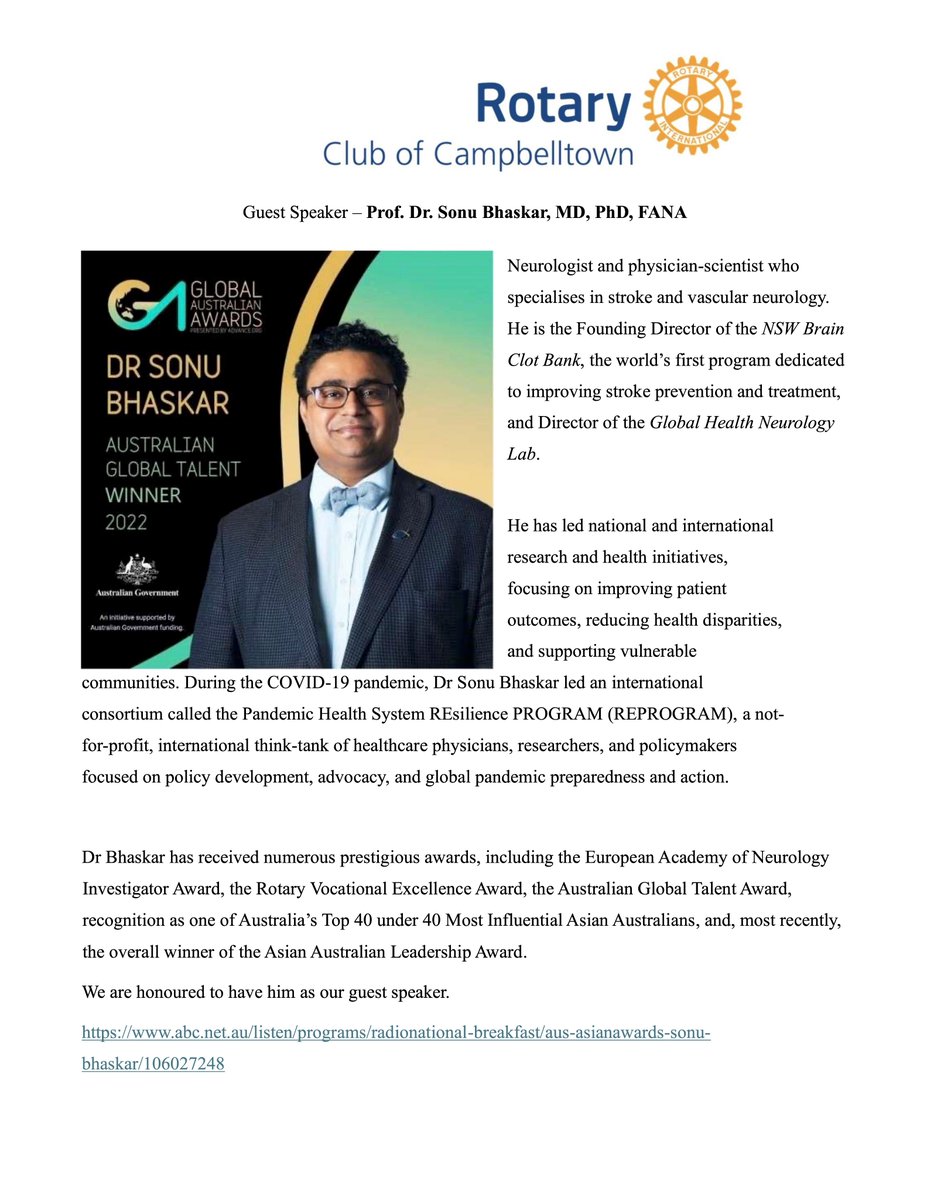 GlobalNeuroLab's tweet photo. Prof. @DrSonuBhaskar will speak at the Rotary Club of Campbelltown

🗓 23 Feb 2026 | 7–8 PM AEST

Topic:

“From Bedside to Bench to Global Health: Lessons in Stroke, Service, and Systems Leadership.”

#Stroke #Neurology #GlobalHealth #Rotary https://t.co/oQ7zKcr0i1