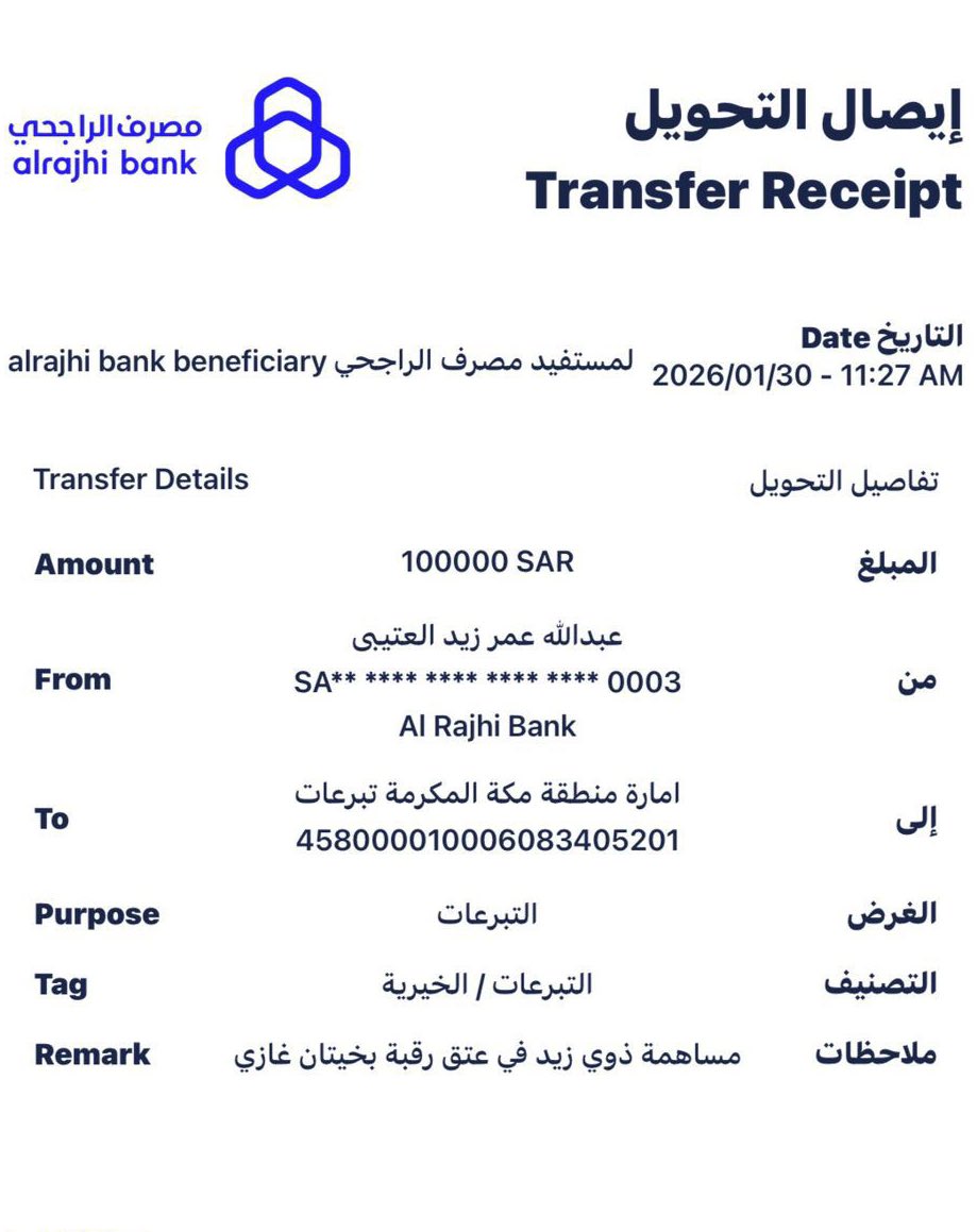 - مساهمة - 
اسرة (  ذوي زيد ) شيوخ قبيلة السمرة من عتيبه 
بمبلغ 350,000 ثلاث مئة وخمسون الف 
في عتق رقبة بخيتان غازي السميري العتيبي 
في حساب امارة منطقة مكة المكرمة 
جعلها الله بميزان حسناتهم وجزاهم الله خير .
<a href="/AAA__1409/">عبدالله ابن زيد</a>