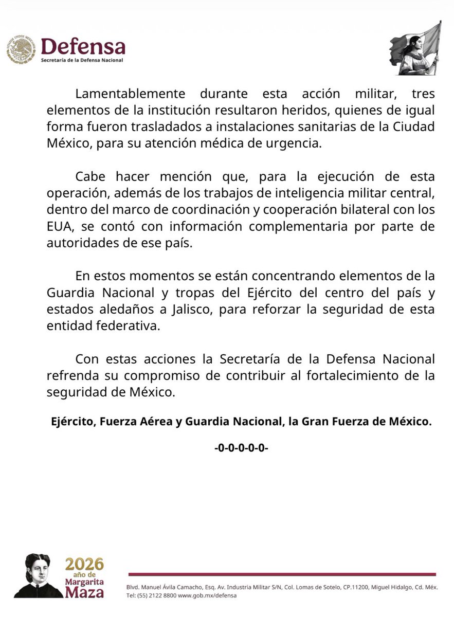 arlinmedrano_'s tweet photo. #ULTIMAHORA | Sale boletín oficial de @Defensamx1 sobre la operación de “El Mencho”: 

•Participaron Inteligencia Militar, el Centro Nacional de Inteligencia, la Fiscalía General de la República (FEMDO), Fuerzas Especiales del Ejército, Fuerza Aérea y Guardia Nacional.

•Durante el operativo, el personal militar fue atacado y repelió la agresión.

Resultado:
•4 presuntos integrantes del Cártel Jalisco Nueva Generación muertos en el lugar.
•3 heridos graves que murieron en traslado aéreo a Ciudad de México, entre ellos Rubén “N”, cuya identidad será confirmada mediante peritajes.
•2 integrantes adicionales detenidos.
•Se aseguraron armas de alto poder, vehículos blindados y lanzacohetes capaces de derribar aeronaves.
•3 militares resultaron heridos y fueron trasladados a CDMX.
•Hubo cooperación bilateral con Estados Unidos mediante intercambio de información.
•Se desplegaron refuerzos del Ejército y Guardia Nacional en Jalisco y estados aledaños.