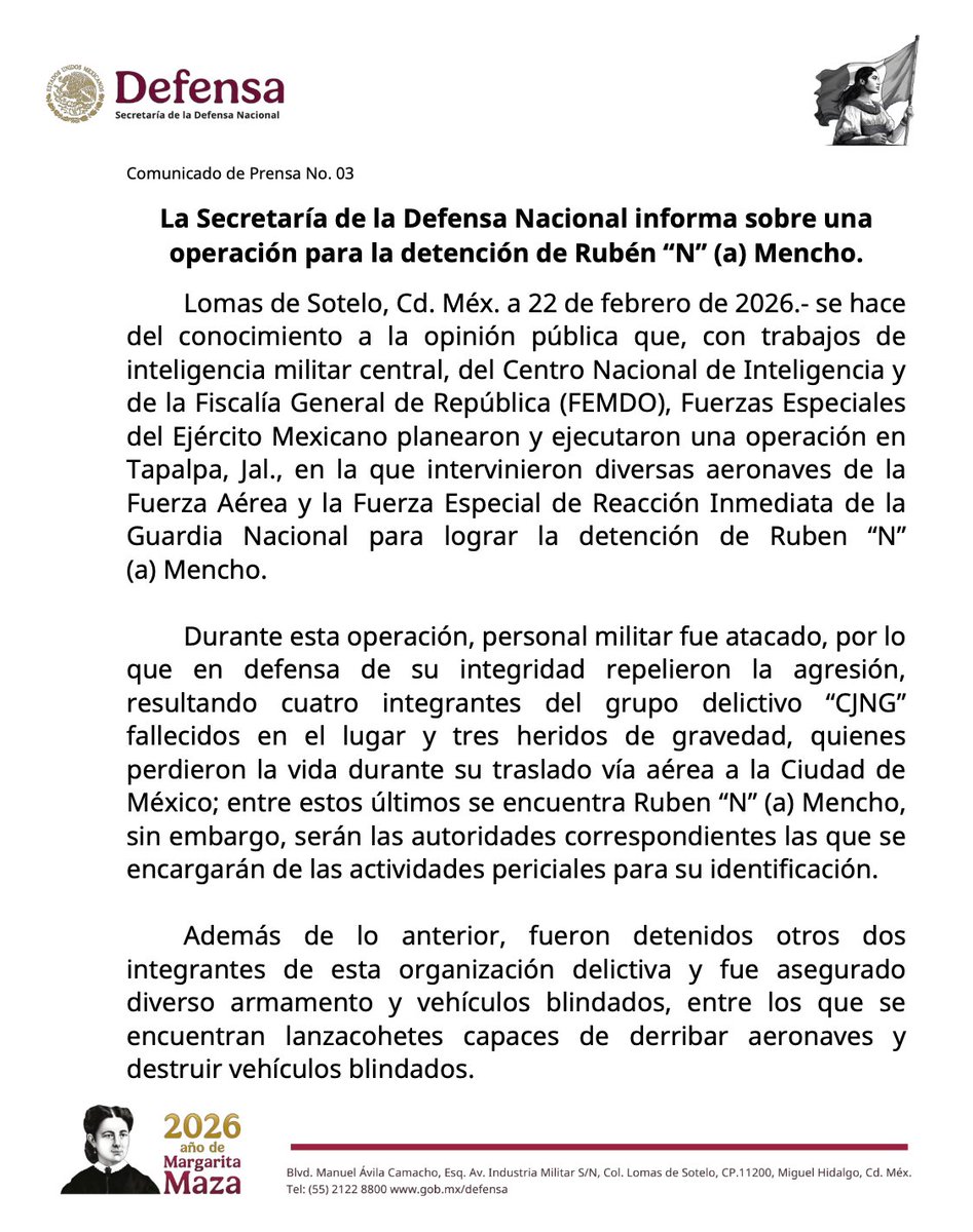 GOrtegaRuiz's tweet photo. 🚨#ÚLTIMAHORA | La Sedena confirma la muerte de Nemesio Oseguera Cervantes, "El Mencho", líder del CJNG https://t.co/JjcHEkhwcr