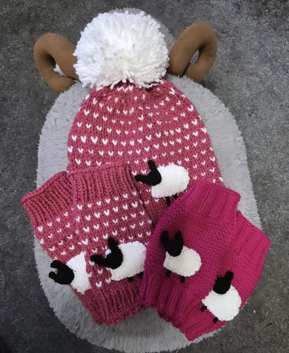 Someone is going to look pretty in pink- My knitted Valentine Sheep hat/wristwarmer set &amp; 3D Sheep wristwarmers are ready to be posted tomorrow 🐑💕
