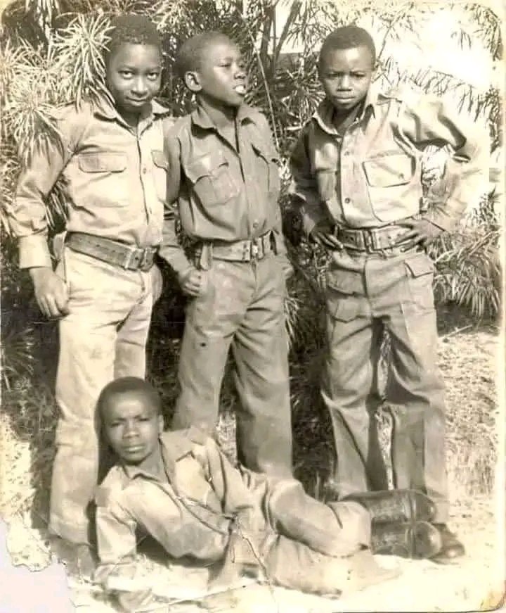 A picture taken in September 1975 of young soldiers from the Nigerian Military School, Zaria, Nigeria.

 Standing from left: Rotimi Aina, now a Lagos-based businessman; Arthur Jarvis Archibong, now the Chancellor of Arthur Jarvis University, Calabar; and Patrick Akosibo, now a