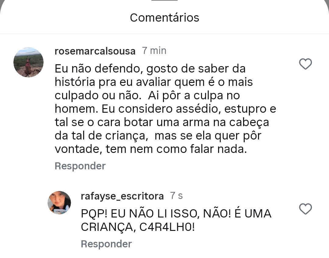 É de embrulhar o estômago ler uma mulher adulta tentando transformar crianças de 11 anos em "vilãs" para proteger o mau-caratismo de homens v4g4bund0s.  Se um homem casado ou um professor se sente "perseguido" por uma criança, o problema não é a criança, é a mente doentia dele.