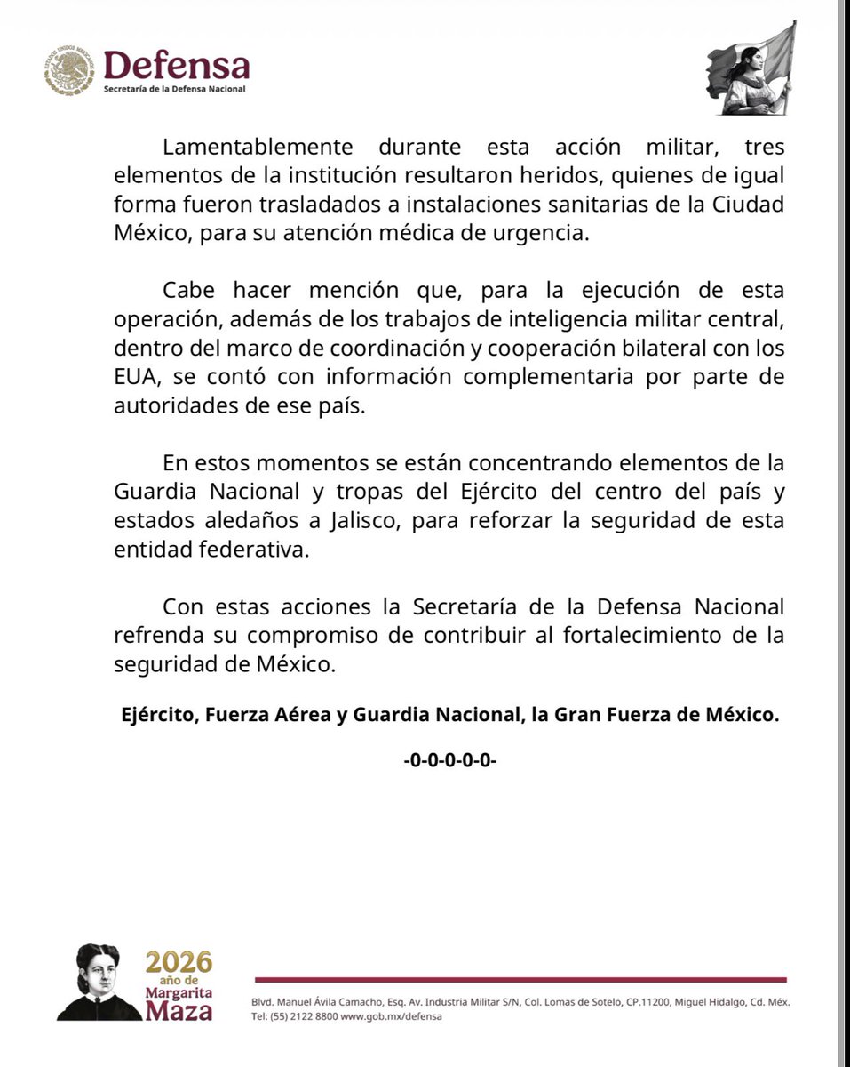 Se confirma la participación de Estados Unidos en el operativo que resultó en el abatimiento de el enemigo público número uno, "El Mencho".
Aquí el comunicado de <a href="/GobiernoMX/">Gobierno de México</a> <a href="/SSPCMexico/">Secretaría de Seguridad y Protección Ciudadana</a>
<a href="/Claudiashein/">Claudia Sheinbaum Pardo</a> <a href="/Defensamx1/">@Defensamx</a>