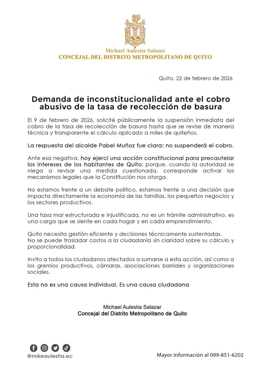 #ATENCIÓN| He presentado la demanda de inconstitucionalidad a la Ordenanza de la Tasa de Recolección de basura de #Quito.
También le he solicitado a la <a href="/CorteConstEcu/">Corte Constitucional</a> que, suspenda el cobro abusivo de esta tasa a los quiteños, mientras se resuelve esta demanda. Ante oídos sordos
