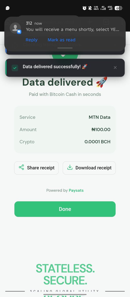 I’ve been testing <a href="/trypaysats/">Paysats</a> in private beta for a while now.
Sent #BitcoinCash from my #Selenewallet → paid for MTN Data Bundle.
Recharge received instantly.

Fast. Simple. Functional. This is what an everyday #BCH utility looks like ⚡