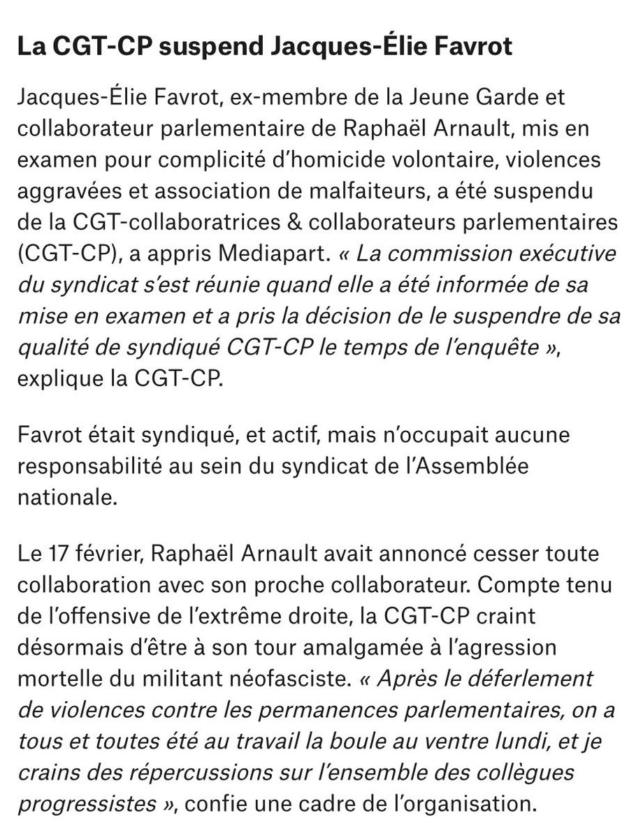 La CGT, une boutique syndicale antifasciste qui suspend …

« La commission exécutive du syndicat s’est réunie quand elle a été informée de sa mise en examen et a pris la décision de le suspendre de sa qualité de syndiqué CGT-CP le temps de l’enquête »

mediapart.fr/journal/politi…