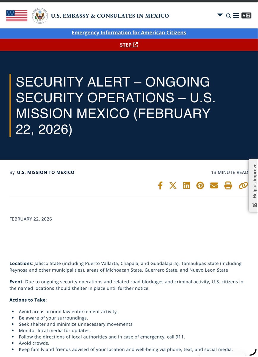 Due to recent aggressive Cartel Operations in certain areas of Mexico. US Citizens in some areas are warned to Shelter-in-Place!

Hopefully any friends and families in the areas are aware and staying safe.