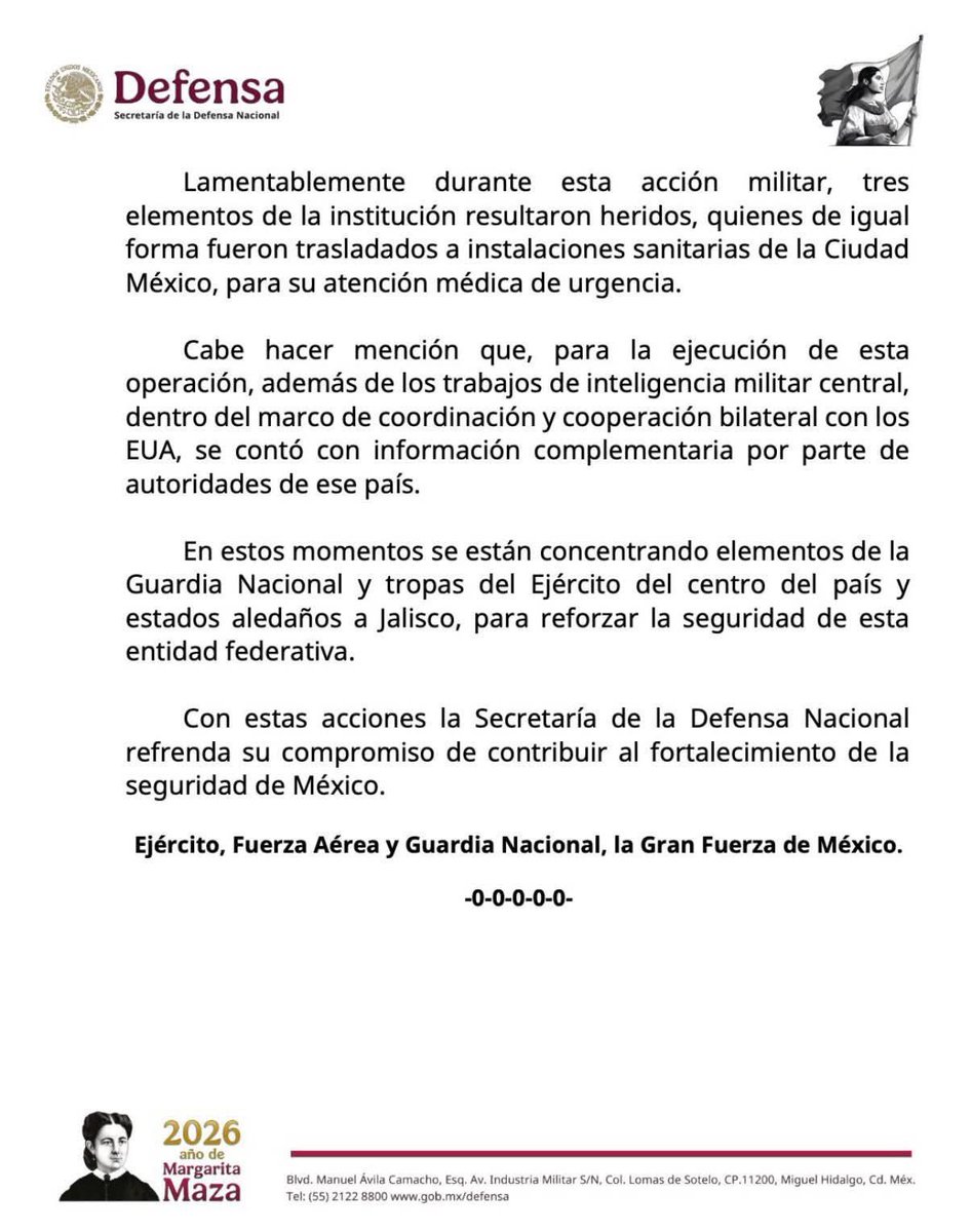 Comunicado oficial por parte de la Secretaría de la Defensa Nacional