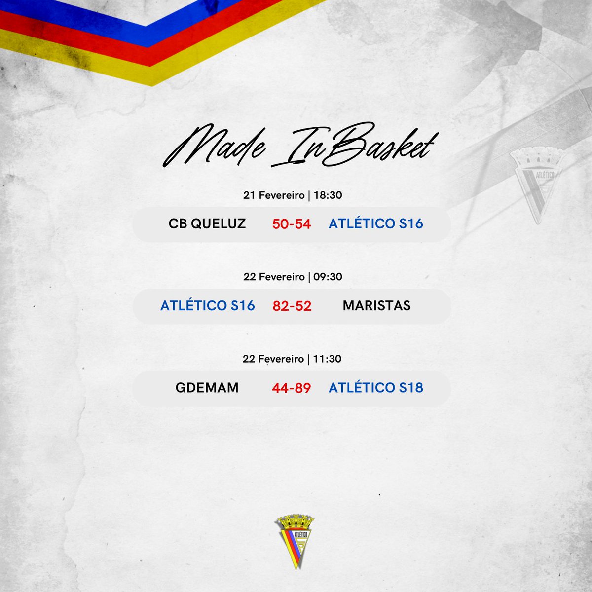 AtleticoCP1942's tweet image. 📆 Agenda #MadeInAtletico 

👀 espreita os resultados das nossas equipas da formação.

O 𝗙𝗨𝗧𝗨𝗥𝗢 está em 𝗖𝗔𝗦𝗔! 💪

🟡🔴🔵

#sempreatletico 
#ViverLutarVencer