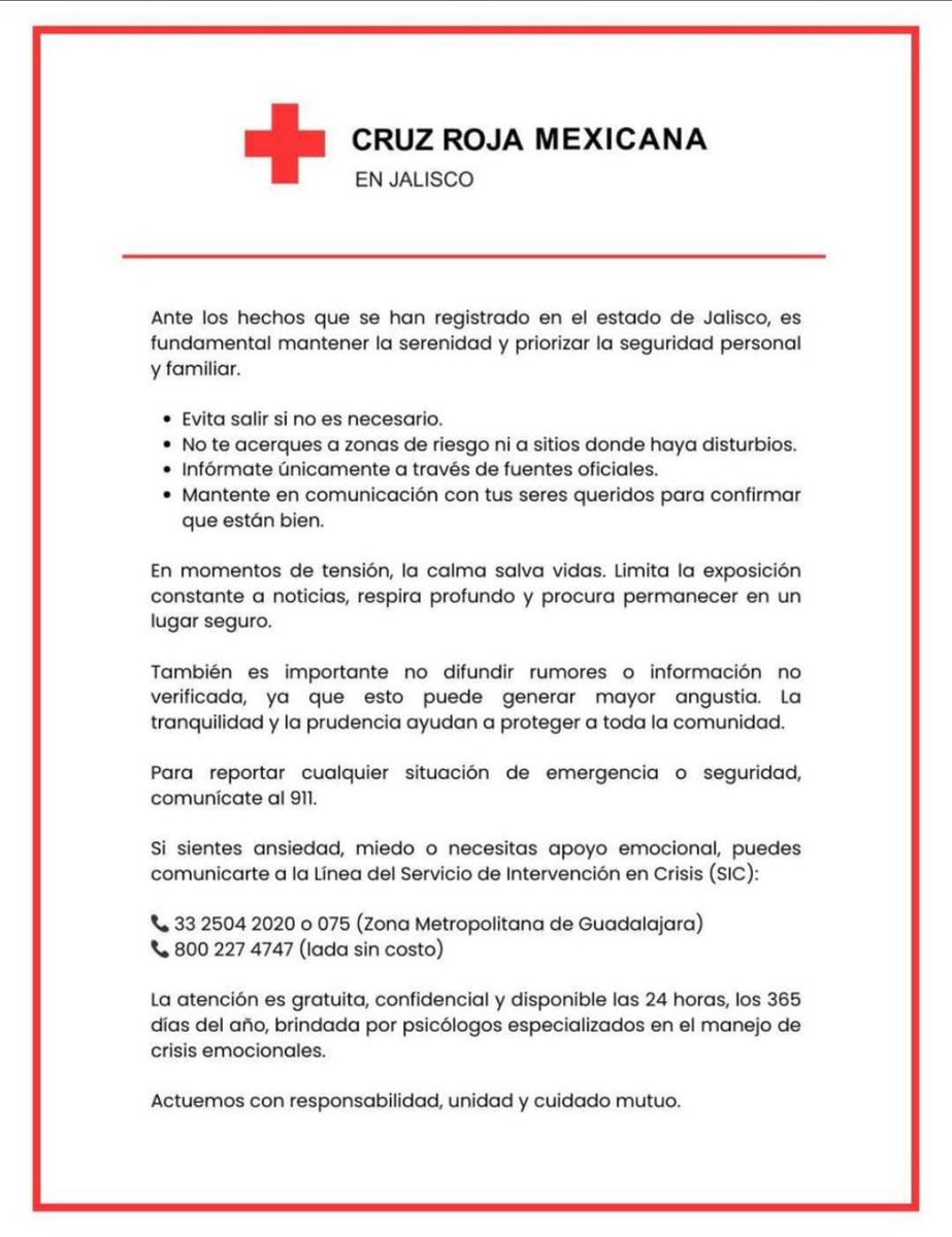 Jos Stan / Canelovers de GDL 
La situación está bastante fea, carguen sus celulares, pongan llave a sus casas y por nada del mundo salgan.
• Línea atención en crisis: 075
• Línea de la vida: 800 911 2000
• Línea atención en crisis SALME: 33 3833 3838 o 800 227 4747