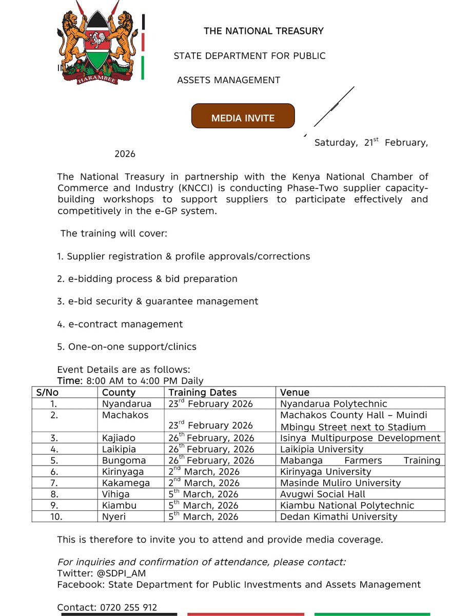 Media Invite:    The National Treasury in partnership with the Kenya National Chamber of Commerce and Industry (KNCCI) is conducting Phase-Two supplier capacity-building workshops to support suppliers to participate effectively and competitively in the e-GP system.
The training