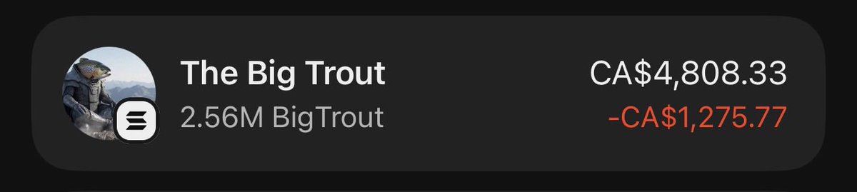 Few days ago I was at 1M tokens, I've been accumulating every dip. Now I have 2.5M

My goal is 5M and then 10M 

Then I can rest, and let big trout retire me.

This is one of my biggest conviction plays and I've been here for the past 16 days.