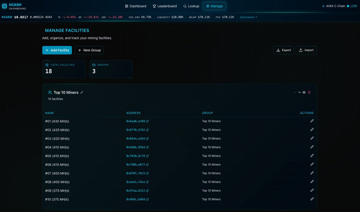 Alright I had Winston build out a public version of my <a href="/clubhashcash/">Club HashCash🔺</a> $hCASH dashboard + leaderboard site for tracking multiple facilities, facility lookup, network stats and more.

You can check it out here: hcash.winstonhq.com

Features + screenshots below 👇

🔍 Look up any