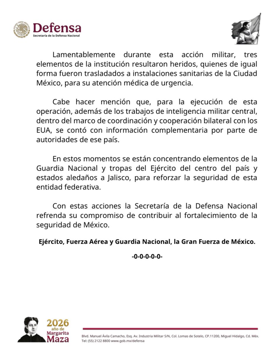 nacholozano's tweet photo. La Secretaría de la #Defensa Nacional confirmó la muerte de Nemesio Oseguera Cervantes "El Mencho", durante un operativo para capturarlo. Además fueron detenidos dos integrantes del #CJNG. 

Durante la operación, personal #militar fue atacado, y al repeler la agresión, cuatro integrantes del #CJNG fallecieron en el lugar, tres más fallecieron en su traslado vía aérea a la #CDMX, entre ellos "El Mencho":