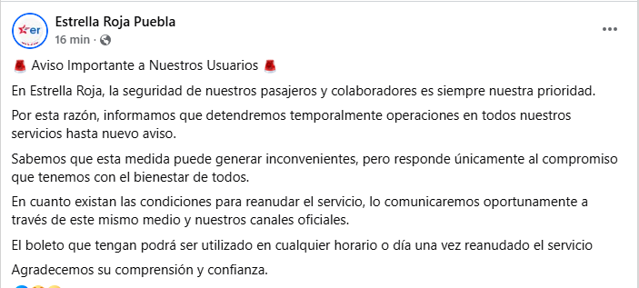 JCarlos_Valerio's tweet photo. #Atención || Estrella Roja informa que detendrá temporalmente sus operativos en todos los servicios hasta nuevo aviso, esto con la prioridad de salvaguardar la seguridad de los pasajeros y colaboradores.

Si usted tiene un boleto podrá utilizarlo en cualquier horario o día una vez que sea reanudado el servicio .
