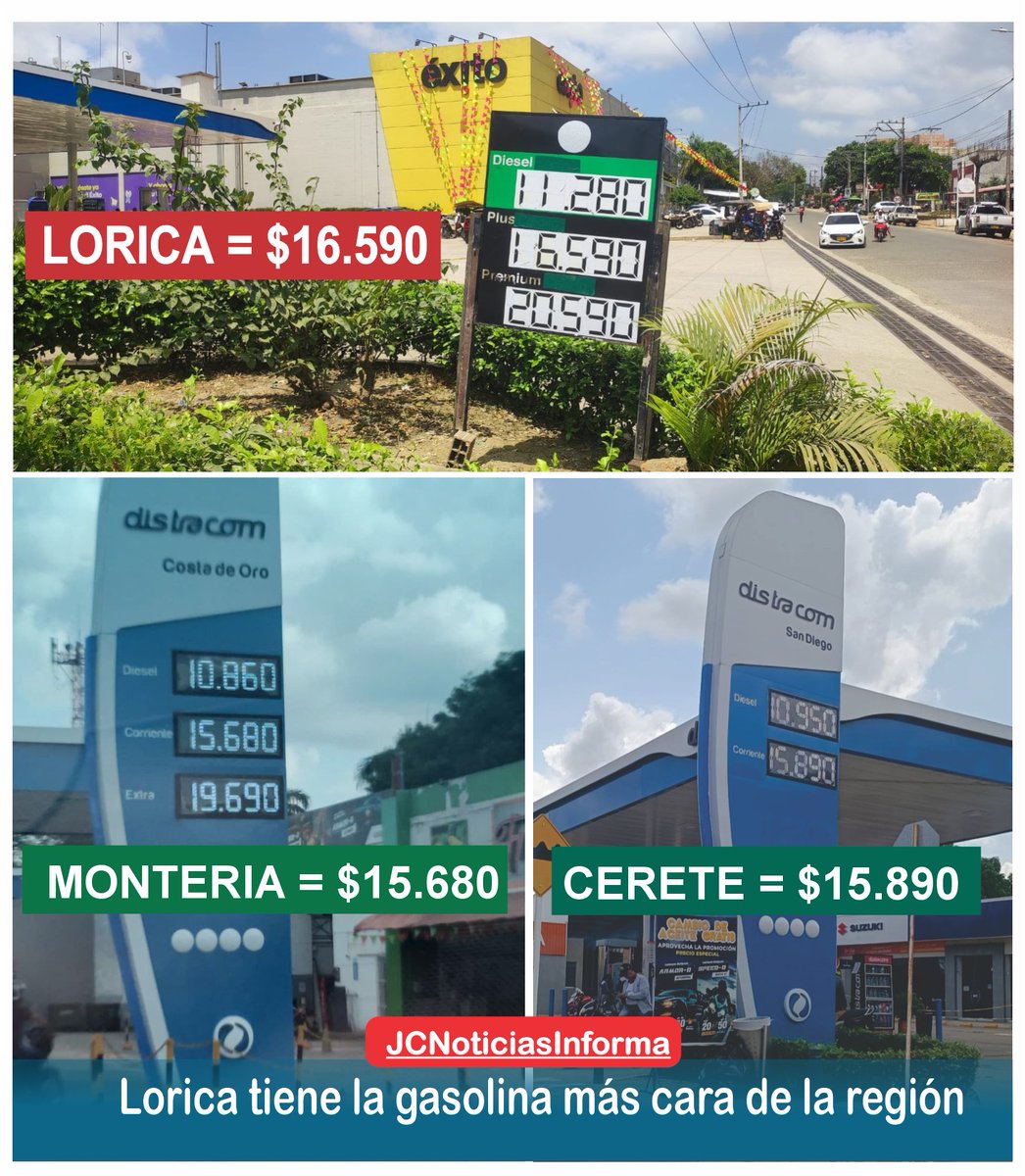 JCNoticiasOfi's tweet photo. LA GASOLINA EN #LORÍCA SIGUE SIENDO MAS CARA QUE EN #CERETE Y #MONTERIA

Los directivos de Distracom creen que los Loriqueros somos más solventes que los Cereteanos y Monterianos, a raíz de que la diferencia en el valor del galón de gasolina entre estás poblaciónes es de más de mil pesos.

Será que las autoridades Nacionales y de nuestro municipio se atreven a coger el toro por los cachos para poner en cintura a los pulpos de la distribución del citado derivado del petróleo?.

Tal lo he manifiestado en mas de una ocasión, si el flete desde la refinería de Cartagena es más barato transportarlo a #Lorica que a #Cereté y #Monteria, el porque el galón de gasolina allá es más barato que en nuestro pueblo?.

Cómo en #Lorica nadie protesta  y somos los conformistas del mundo, pasan cosas como está, y lo peor las autoridades locales pareciera que estuvieran del lado de Distracom y no de su gente.

La comunidad Loriquera, exige de las autoridades competentes Locales una pronta solución de esta problemática social que afecta a todos sus coterraneos.
Posdata: Las demás bombas de gasolina de Lorica fijan el valor de la gasolina y el ACPM, basados en lo que determine Distracom y no de las autoridades nacionales y locales.

Opinión de JCorena.
#Expeculacion #Lorica #Gasolina
#JCnoticias
@RTVCnoticias @Consumidoresccc @MinEnergiaCo 
@MissPoirot07
