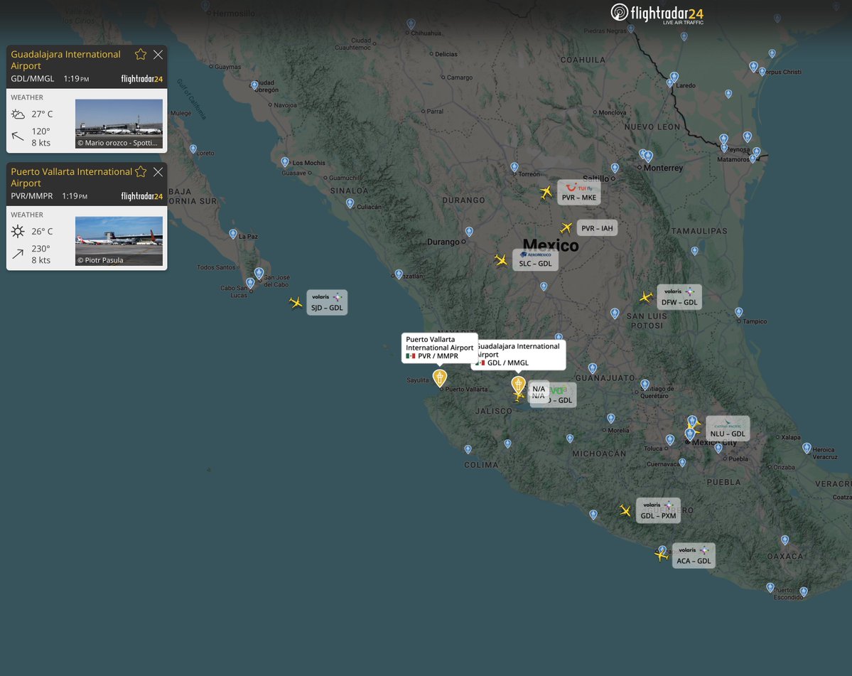 Due to developing security situations in Guadalajara and Puerto Vallarta airlines are canceling flights at those airports. Some flights remain inbound to Guadalajara at this time. flightradar24.com/multiview/gdl,…
