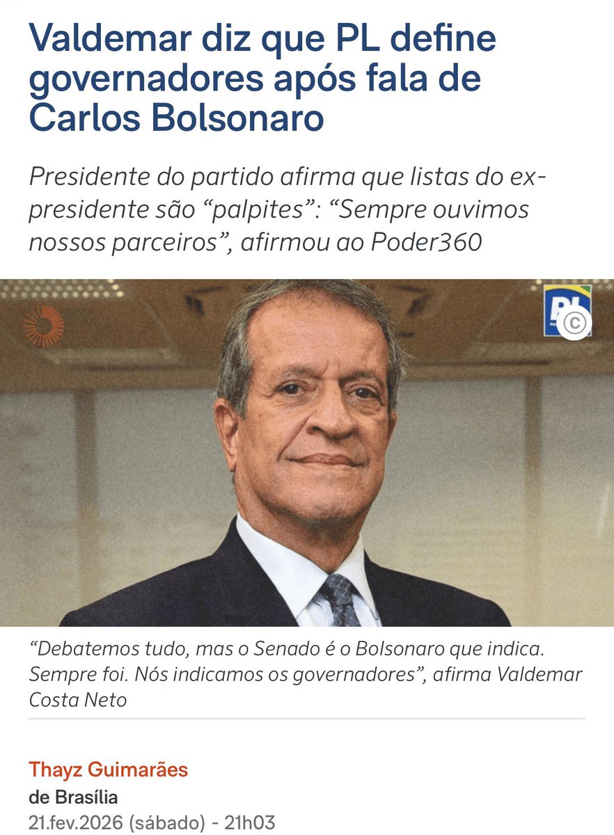 A fala não foi minha, foi do Presidente Jair Bolsonaro e ninguém disse que não conversamos com ninguém e que ninguém poderia indicar governadores. O que me foi orientado é que ele faria uma lista de candidatos que ele apoiaria. Creio que o PL poderia dar uma força inclusive em