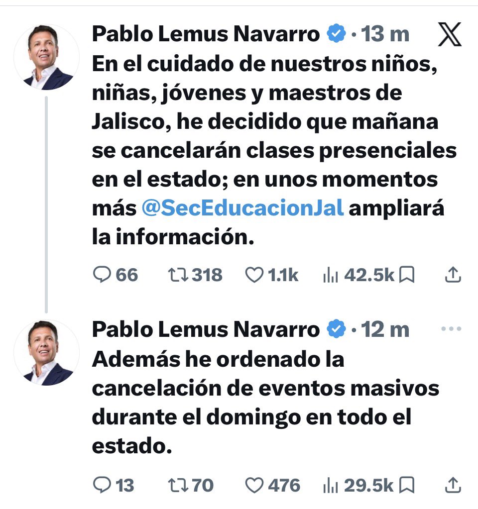 🚨 #Jalisco

El gobernador Pablo Lemus anunció la cancelación de clases presenciales en todo el estado para mañana y la suspensión de eventos masivos este domingo.

La medida busca proteger a estudiantes y ciudadanía ante la situación de seguridad.

Más información en breve.