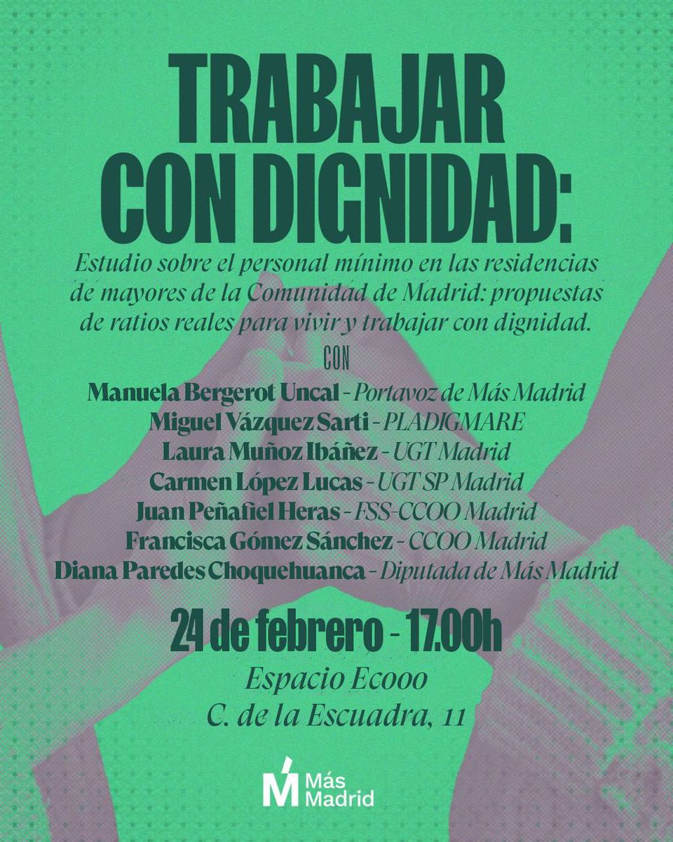 martes 24 de febrero, en el espacio ECOOO (Calle Escuadra, Metro Lavapiés), hablaremos sobre residencias, auxiliares, ratios laborales dignas y atención de calidad a las personas. Hablar de cuidados dignos es hablar de plantillas suficientes y condiciones laborales justas.