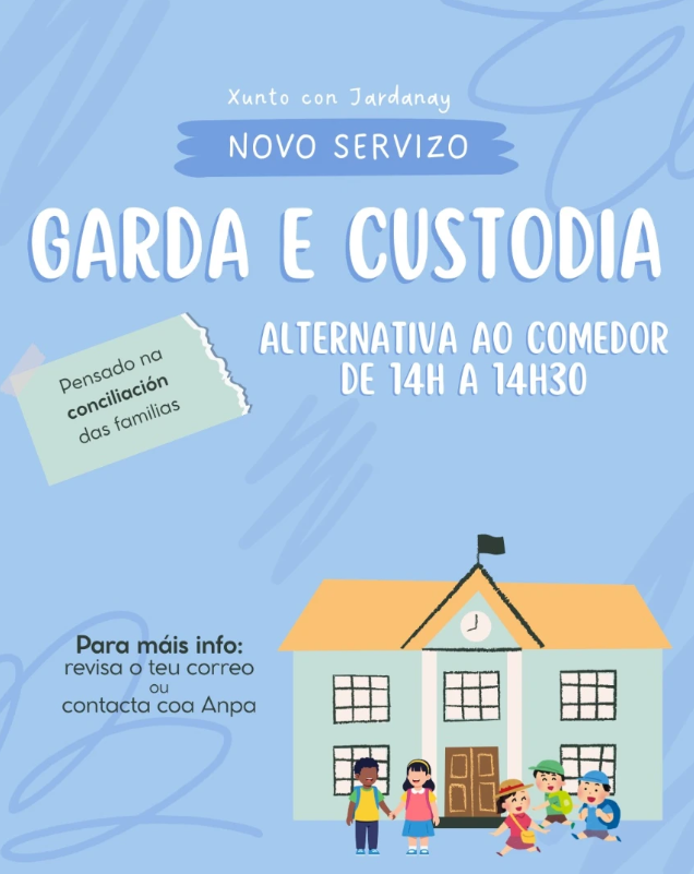 Servizo de Garda e Custodia 🚸
Na procura da conciliación real das familias socias 👶 ponse en marcha este servizo concibido como alternativa ao comedor, onde os nenos e nenas estarán coidados ata as 14h30. 🕑
comprometidos coa conciliación 🤗
anpaxanela.es/2026/02/serviz…