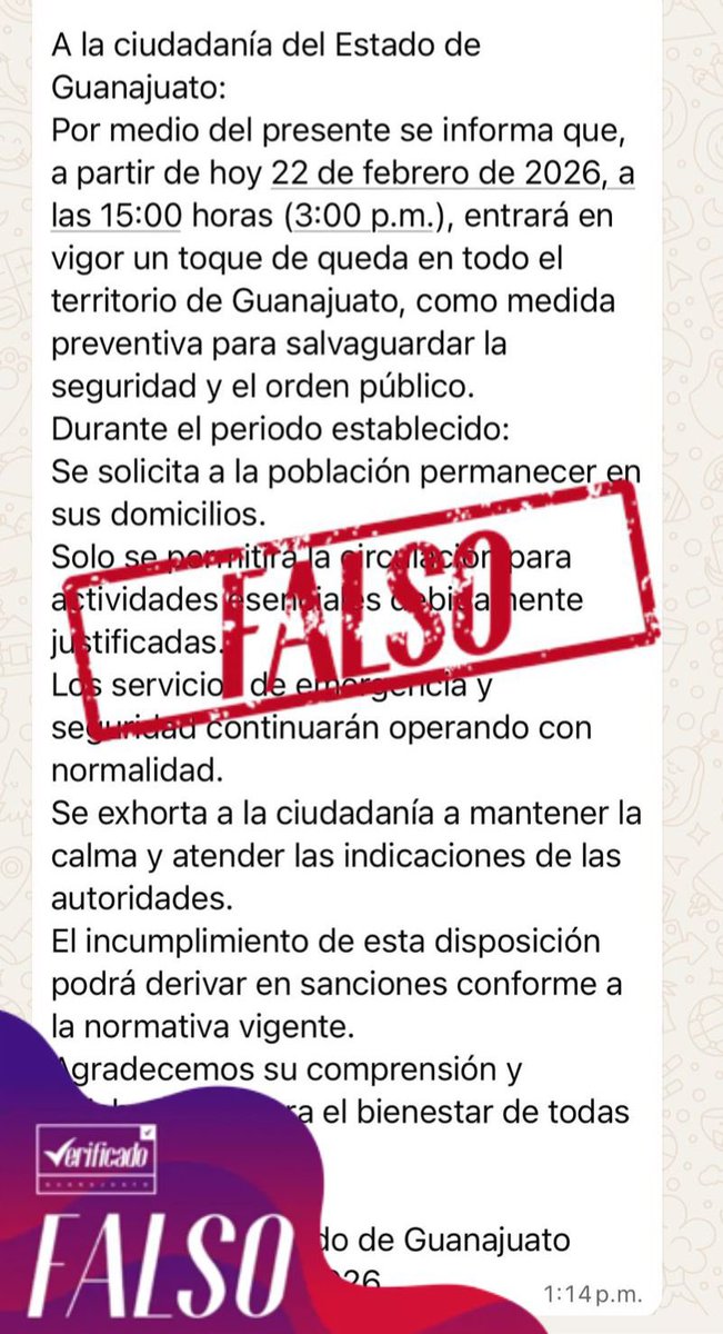 Verif1cadoGto's tweet photo. 🚨 El siguiente comunicado no es información oficial. ❌

Verifica siempre en fuentes oficiales. Mantén la calma, toma precauciones y mantente informado por los canales institucionales. https://t.co/N6JoPNtoR2