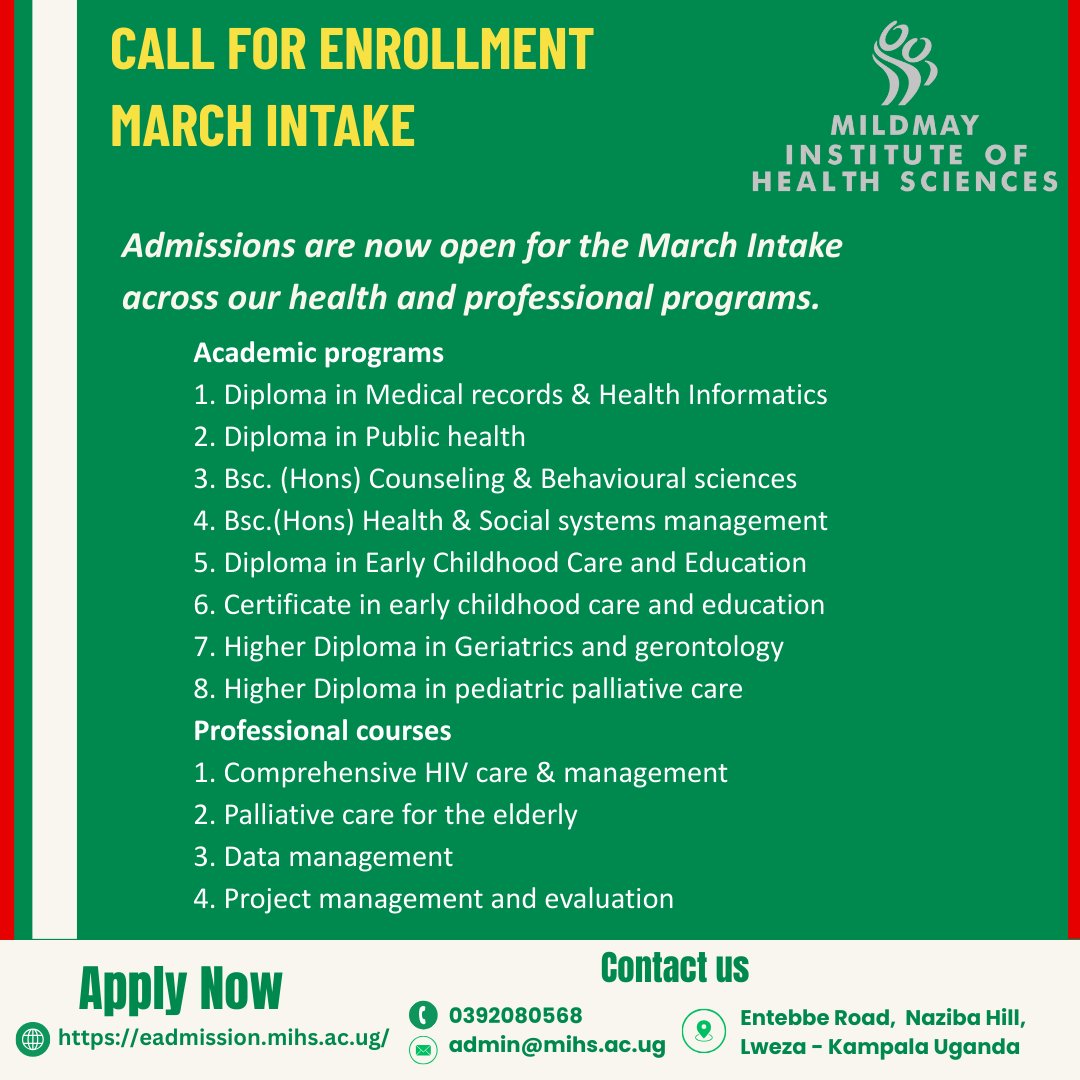 MIHSUganda's tweet photo. Are you ready to start a rewarding career in the health sector?
Enroll this March at Mildmay Institute of Health Sciences and take the first step toward becoming a skilled healthcare professional.
Contact us today for more information.
#MildmayInstitute #marchintake https://t.co/7pX4QHXH7G