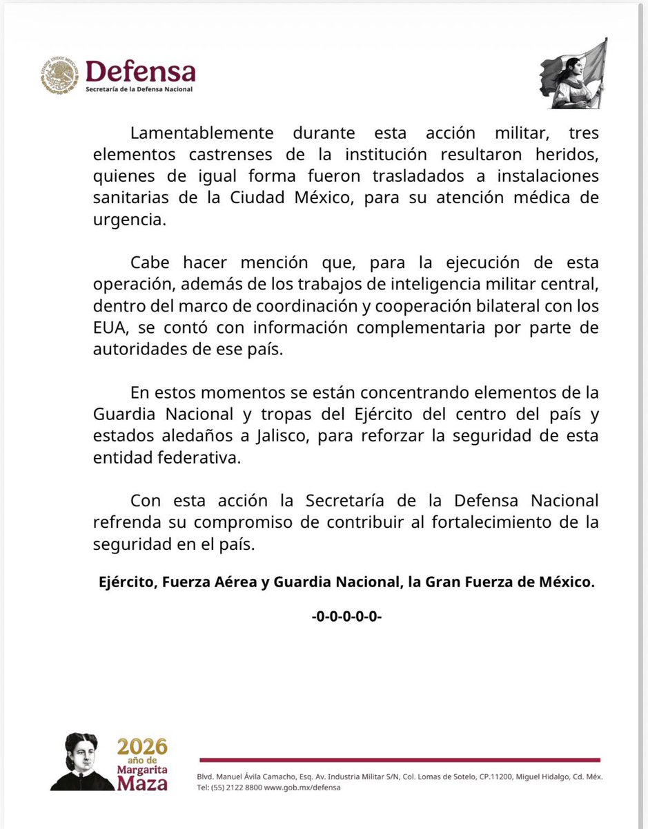 🚨 #ÚltimaHora

Sedena informó que durante un operativo en #Tapalpa falleció Ruben “N”, alias “Mencho”, tras enfrentamiento con fuerzas federales.

Hubo 4 presuntos integrantes del grupo delictivo muertos en el lugar y 3 más fallecieron durante traslado.

Se aseguraron armas de
