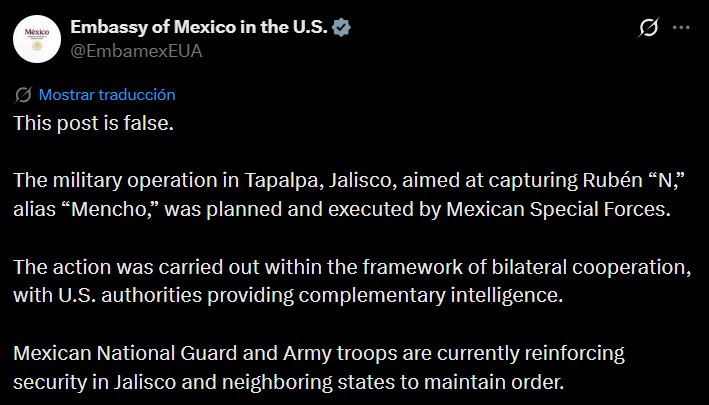 emeequis's tweet photo. 🇺🇸 La Embajada de Estados Unidos desmintió versiones que circulan en redes: es falso que fuerzas estadounidenses hayan abatido a “El Mencho”.

Informó que el operativo en Tapalpa, Jalisco, fue planeado y ejecutado por fuerzas especiales mexicanas, con inteligencia complementaria en el marco de la cooperación bilateral.
Actualmente, Guardia Nacional y Ejército refuerzan la seguridad en Jalisco y estados vecinos. 🚨