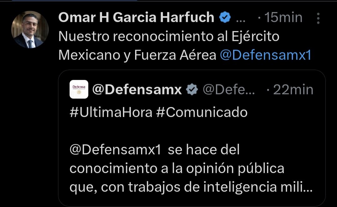 <a href="/OHarfuch/">Omar H Garcia Harfuch</a> <a href="/Defensamx1/">@Defensamx</a> Obligados por la administración de <a href="/realDonaldTrump/">Donald J. Trump</a>, aunque el ejército de propagandistas ya te atribuyan a ti <a href="/OHarfuch/">Omar H Garcia Harfuch</a> y a la sirvienta de <a href="/lopezobrador_/">Andrés Manuel</a> un "logro".
Se entiende que la muerte del capo es además una moneda de cambio para no tocar a ciertos narcopolíticos.