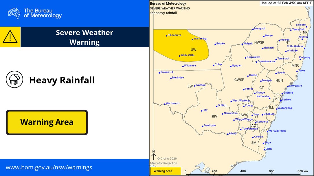 BOM_NSW's tweet photo. ⚠️🌧️Severe Weather Warning
Issued at 4:59 am AEDT

Areas of heavy #rainfall persisting about the northwest.
May affect #Tibooburra, #WhiteCliffs, #Wanaaring, #Louth, #Tilpa, #Milparinka.

https://t.co/L0afeZoedo https://t.co/mQoTDi5hsH