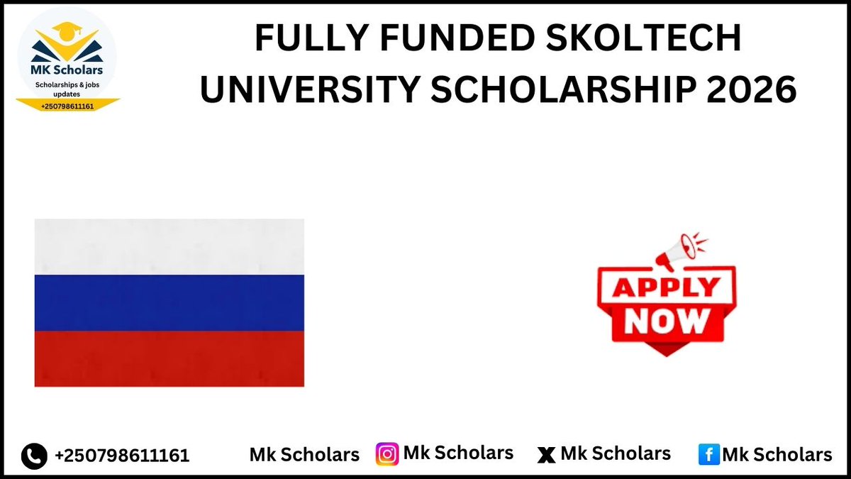 MkScholars's tweet photo. 📢FULLY FUNDED SKOLTECH UNIVERSITY SCHOLARSHIP 2026.....APPLY NOW
📌APPLY LINK: https://t.co/wMjiS84Td8
📌Register For New Courses:https://t.co/a8tOX0nuav
✅Application Deadline: April 27, 2026
#Skoltech
#SkoltechScholarship
#Scholarship2026
#FullyFunded
#StudyInRussia https://t.co/7MqTLC7bFQ