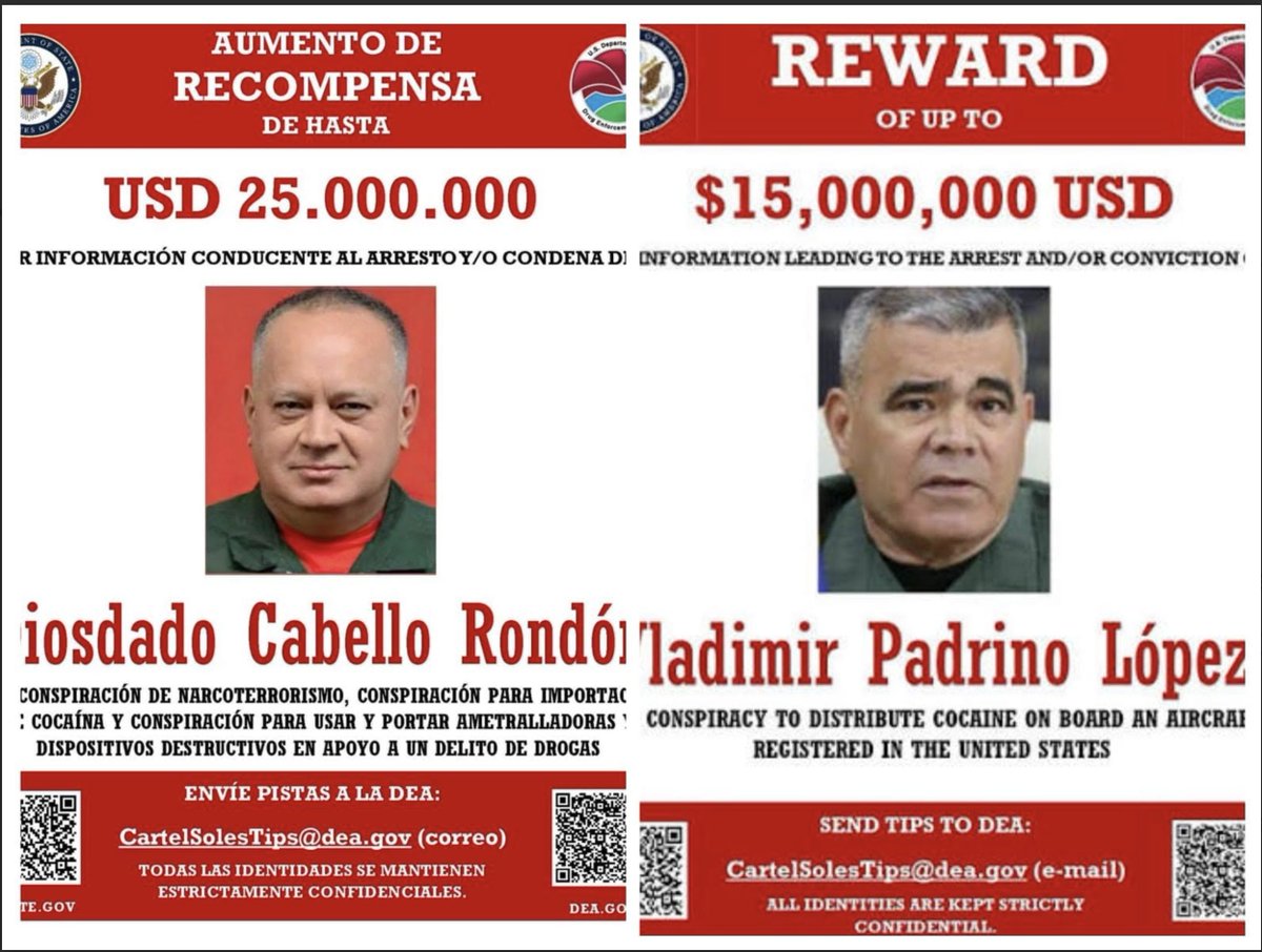 📷 Tras la muerte de Nemesio Oseguera Cervantes, alias El Mencho, y la captura del narcoterrorista  Nicolás Maduro, la atención internacional se concentra ahora en otras figuras clave del poder en Venezuela: actualmente, dos de las mayores recompensas por narcoterrorismo recaen