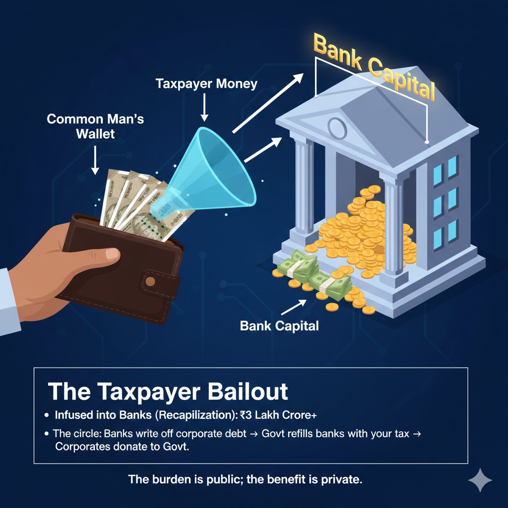 hss132hss's tweet photo. How does the Govt fix the "Hole" in the banks?
They use Taxpayer Money.
Infused into Banks (Recapitalization): ₹3 Lakh Crore+ since 2014.
​The circle: Banks write off corporate debt ➡️ Govt refills banks with your tax ➡️ Corporates donate to Govt. 🔄 https://t.co/VJbuqou0Tx