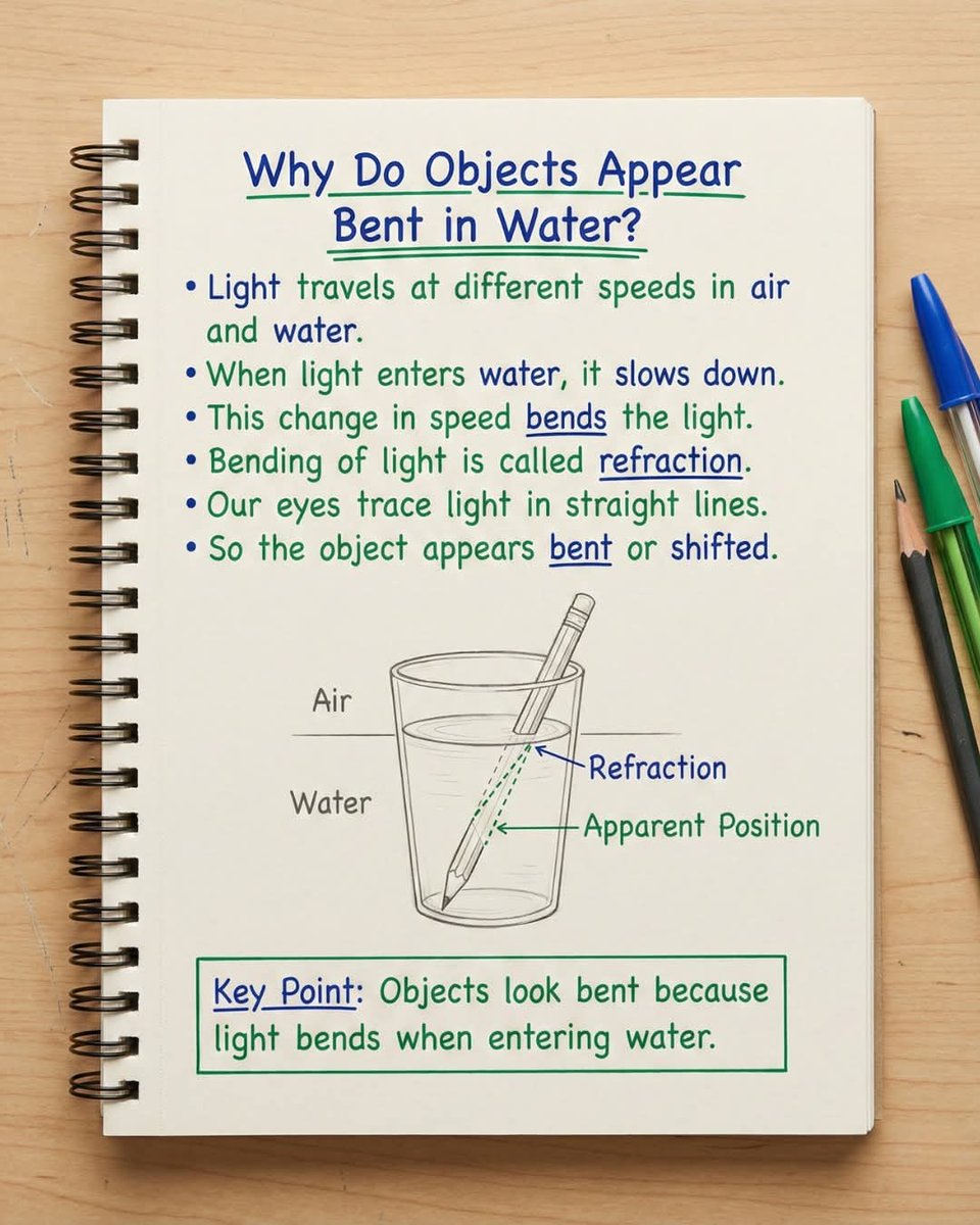 💧 Why Objects Look Bent in Water

Light travels at different speeds in air and water.

When it enters water, it slows down and bends.
This bending is called refraction.

Your eyes trace light in straight lines —
so the object appears bent or shifted.

Physics in action! ✨