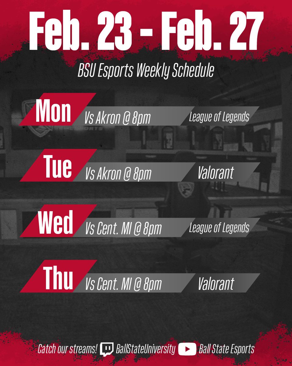 Boy oh boy how time flies by! Check out this weeks stream schedule for ESC Week 4! Live on Twitch and YouTube at 8 EST #chirpchirp #ballstate #collegiateesports