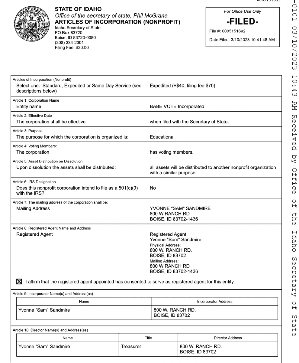 casey_whalen's tweet image. List of corporate officers for Babe Vote.

#idpol #idleg