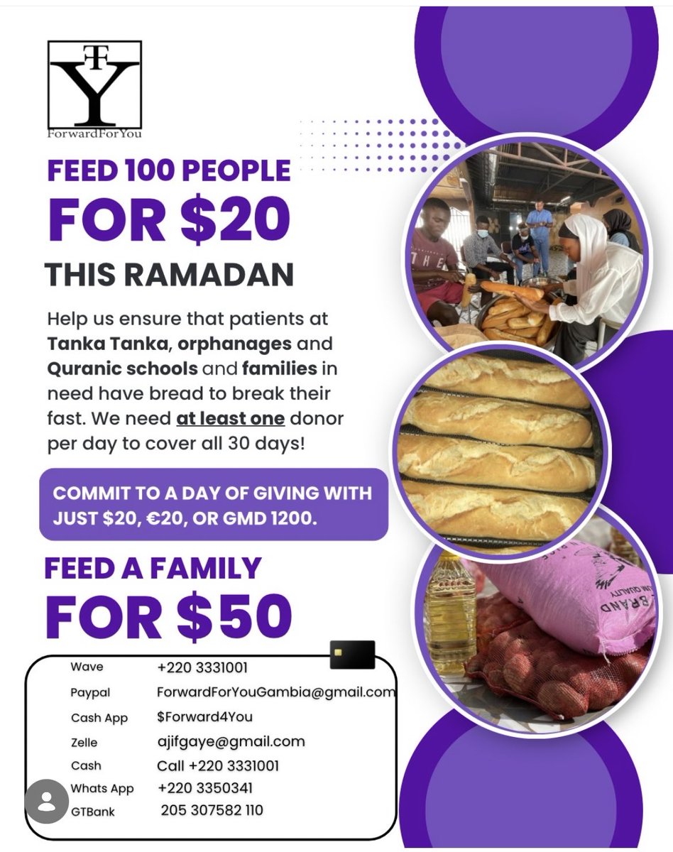 Asalamu’Alaikum family! We have multiple families, Quranic schools etc that need food to eat this Ramadan. With $20/D1000 you’ll be able to provide 100 pieces of bread/ $50 for a family package (rice, oil, onions) Donation details below, please share.
gofund.me/c10842bb3