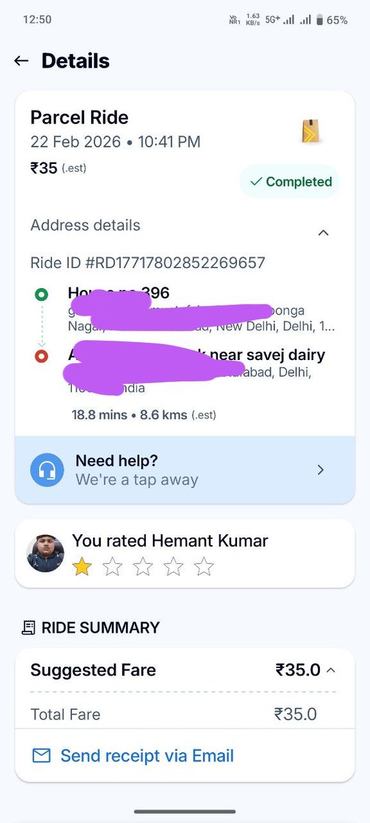 javed13788's tweet photo. @rapidobikeapp Ride ID #RD17717802852269657 – Captain took OTP, demanded ₹135 offline instead of ₹35 shown. On refusal, took OTP from receiver &amp; marked delivered. I lost my first order coupon. Please investigate &amp; compensate. https://t.co/Yp7UeMsFel