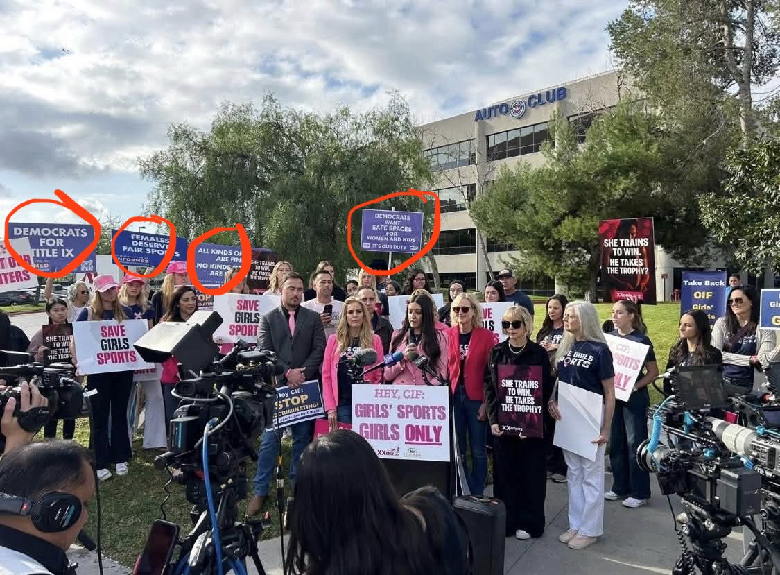 WomenAreReals's tweet photo. Why are you hiding the fact that Democrats spoke at CIF? Why leave out that liberals been speaking at CIF for 3 years? In fact, it was a lifelong Dem that started the first trip to CIF!
@kevrector uses “conservative” 6 times in his story and NEVER mentions the Democrats and other liberals who oppose boys in girls’ locker rooms.
I’ve helpfully circled the signs in the press conference held by Democrats. We are proud to stand with our conservative sisters, but stop gaslighting the public that we don’t exist.
@latimes
@TangLATimes you are the first female editor in the history of the paper. Where is the fair, unbiased reporting in the issue of boys in girls’ locker rooms?
📸 @mamazilla