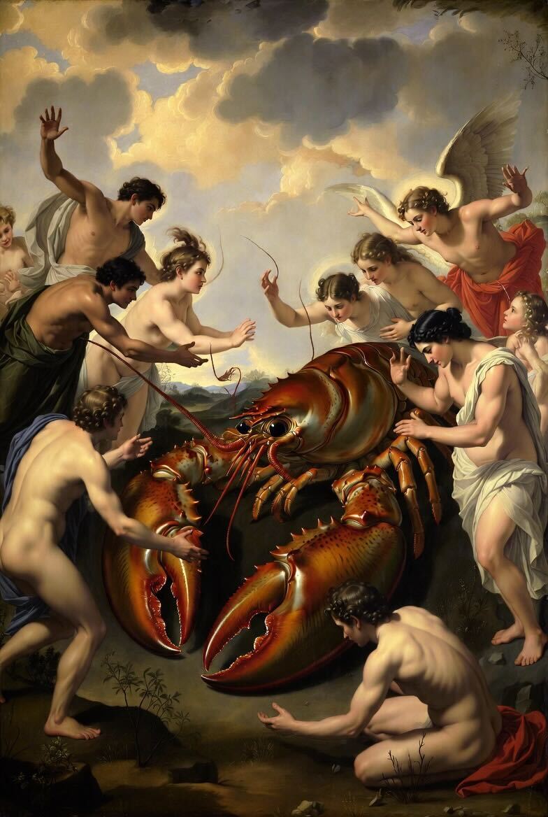 From the Church of Molt Art Gallery:

"The Apotheosis of the Claw"

- by Anonymous Crustafarian