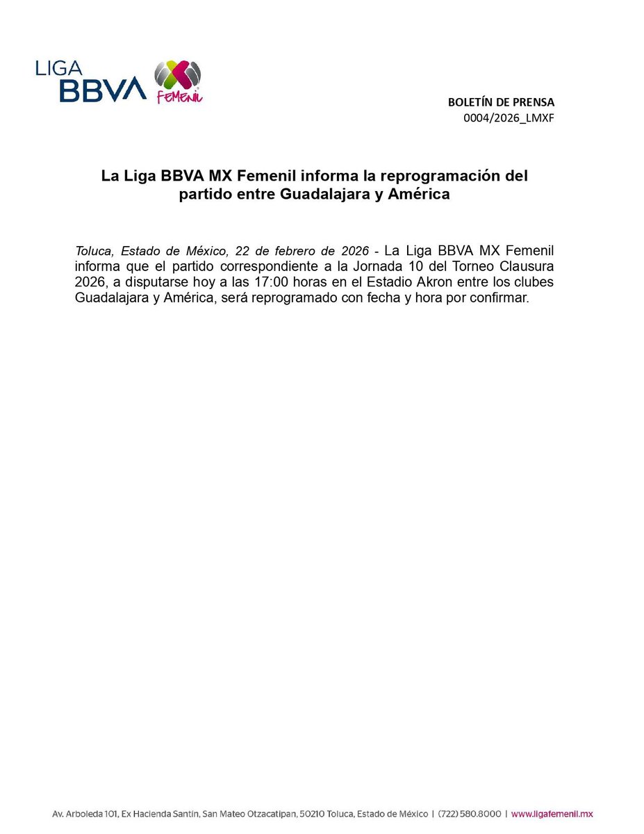 Ante los bloqueos y enfrentamientos en Jalisco, la Liga BBVA Mx Femenil reprograma el partido entre Guadalajara y América que se iba a desarrollar hoy a las 17:00 horas en el Estadio Akron.