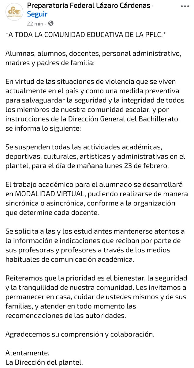 #Tijuana | La Preparatoria Lázaro Cárdenas suspende clases presenciales  y cambia a modalidad a distancia, así como las actividades administrativas para mañana lunes 23 de febrero ante los hechos de violencia.