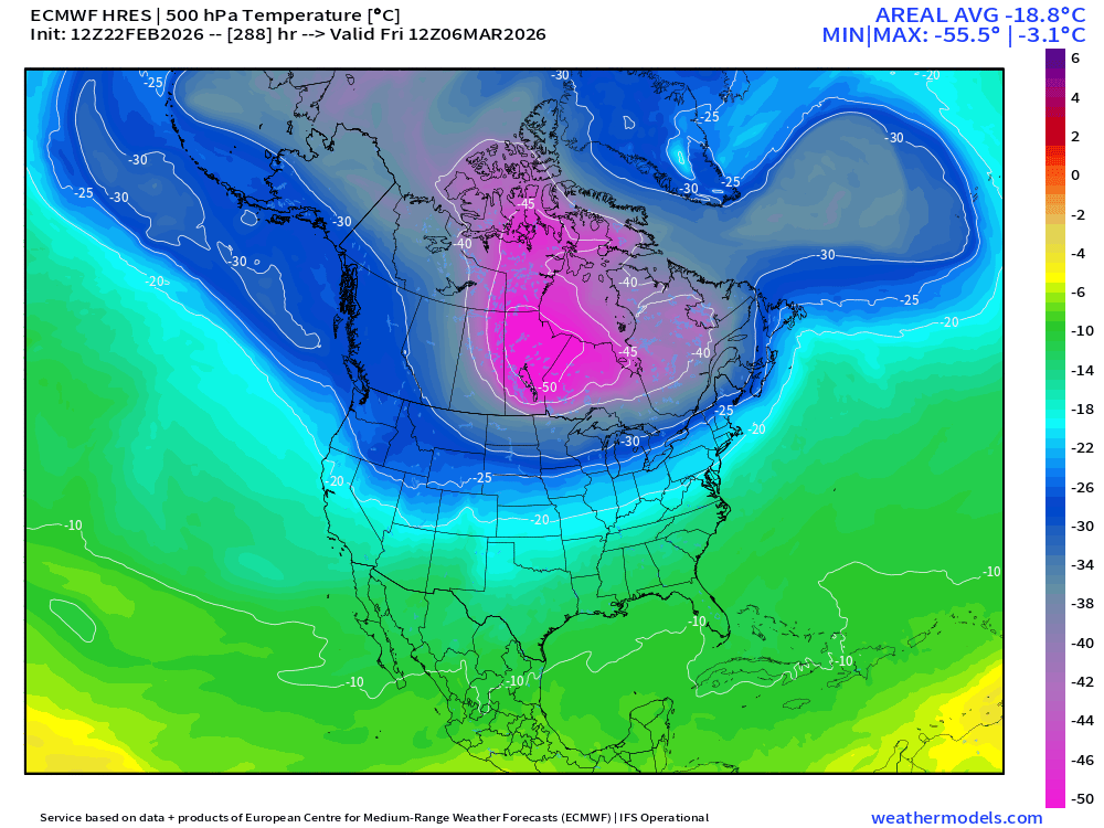 RyanWeather's tweet photo. Interesting scenario that near record cold "Polar Vortex" anomaly near Greenland eventually ends up traveling west to Alaska, and then southward perilously close to U.S. border in 12-days.  I suspect nat gas traders' eyeballs are widening. https://t.co/86TYRONHYD