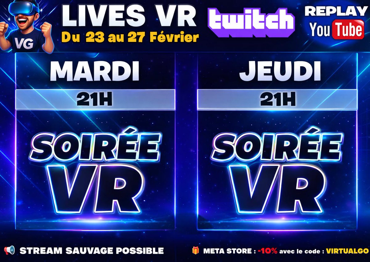 📢  Salut à TouteZetaTousse !  
⏰  PLANNING du 23 au 27 Février
🔴  Mes Réseaux &amp; Infos :  linktr.ee/VirtualGo 
🎁  -10% sur META QUEST Store / Code Promo : VIRTUALGO
 #virtualgo #twitchfr #Youtube #vr