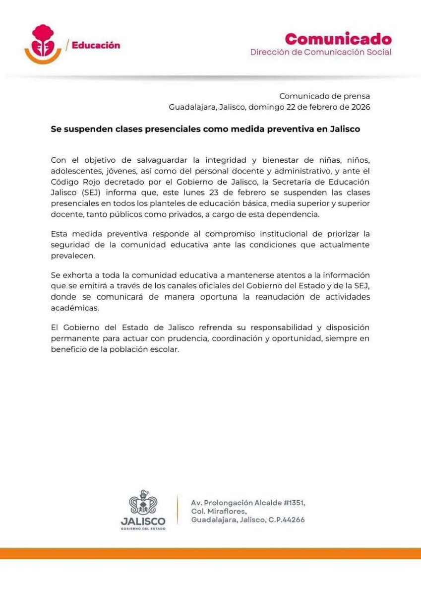 Estimada comunidad educativa, les comparto el comunicado oficial sobre la suspensión de clases presenciales para este lunes 23 de febrero en todos los planteles de Educación Básica, Media Superior y Superior Docente a cargo de la Secretaría de Educación Jalisco. 

Agradezco su